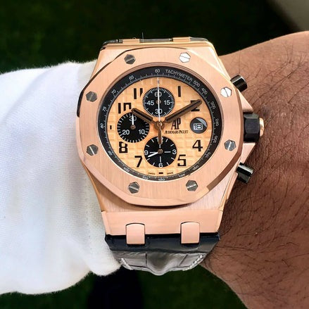 AM Piguet Royal Oak Offshore Chronograph’s Black Leather Strap Mens Watch