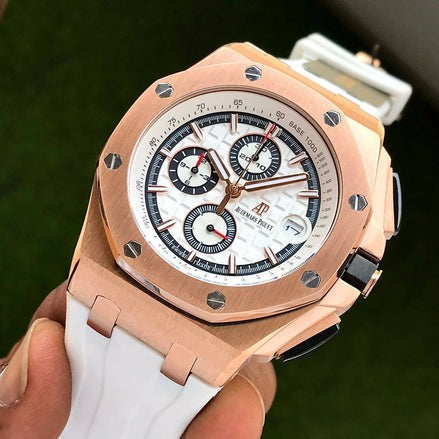 AM Piguet Royal Oak Offshore Chronograph’s Rosegold & White Fiber Strap Mens Watch